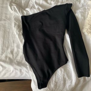 Black, kittenish, one shoulder bodysuit